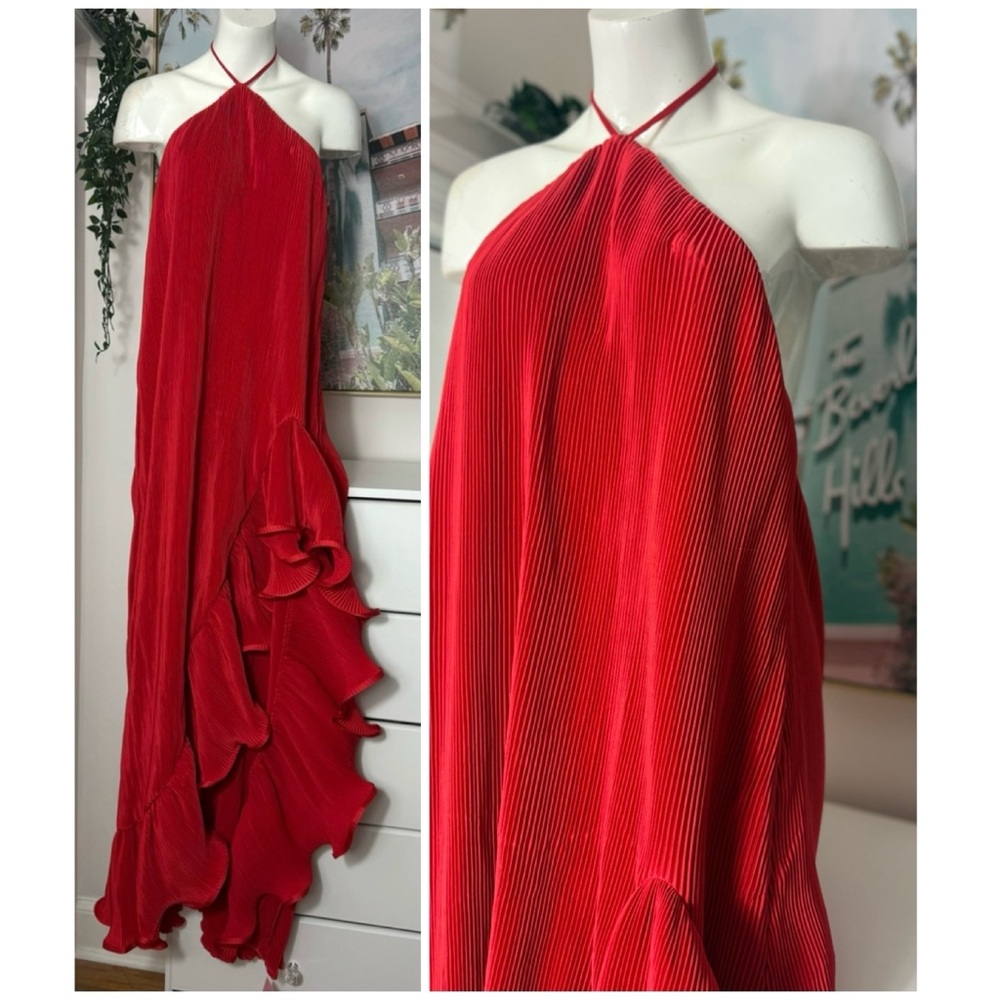 PrettyLittleThing Red Satin Plisse Long Maxi Dress Sz 12 Halter Frill Detail - Picture 3 of 13